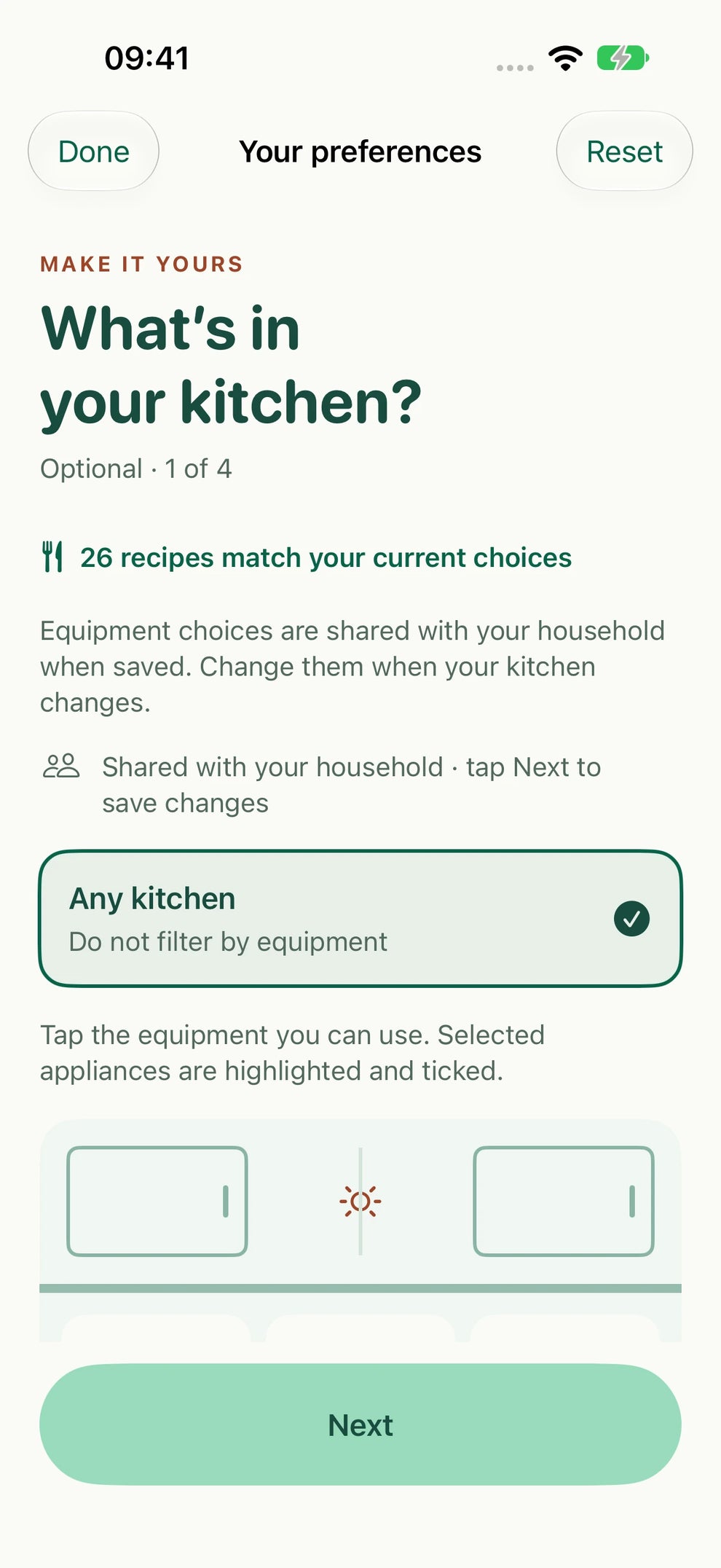 Pantry kitchen preferences with the Any kitchen option visible and an explanation of shared household equipment.