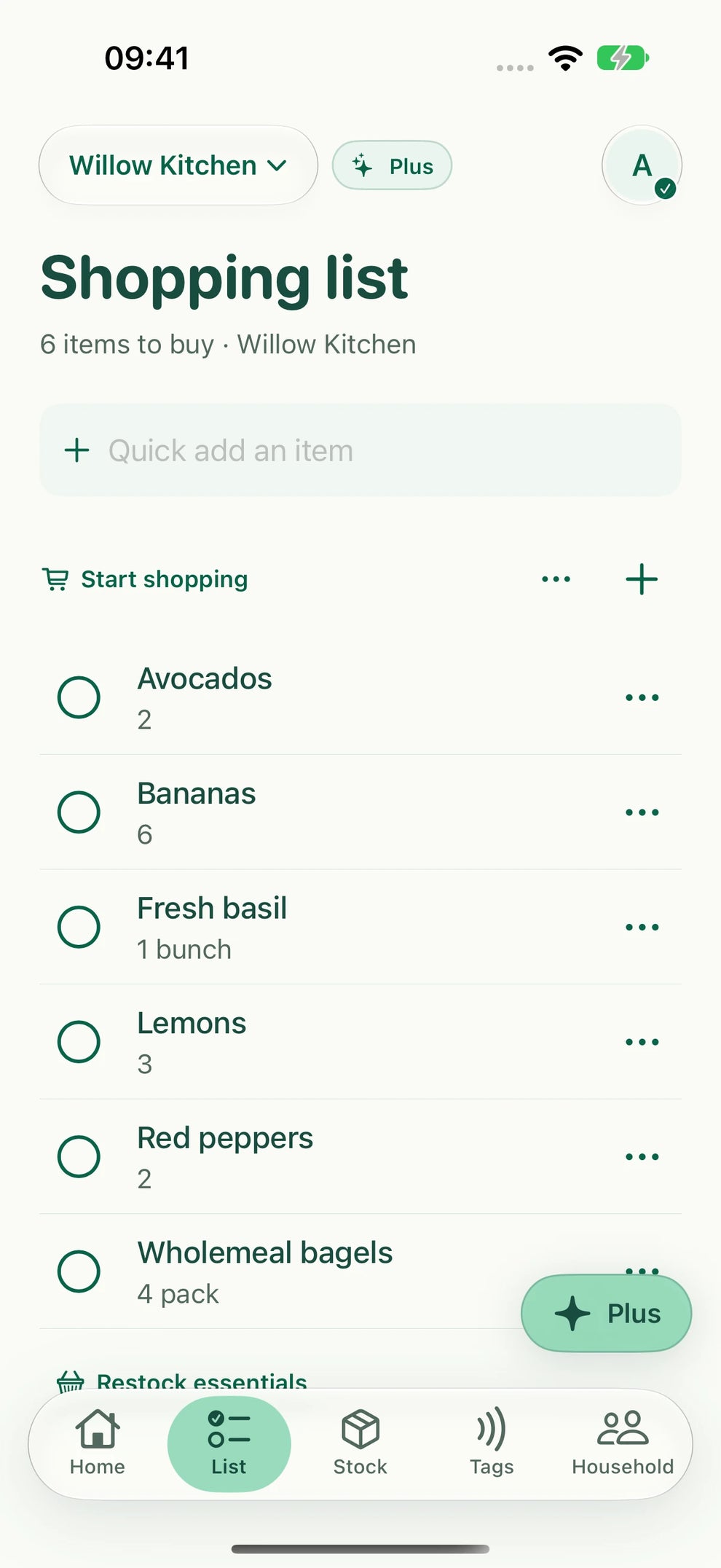Willow Kitchen’s shopping list with six groceries and their quantities.