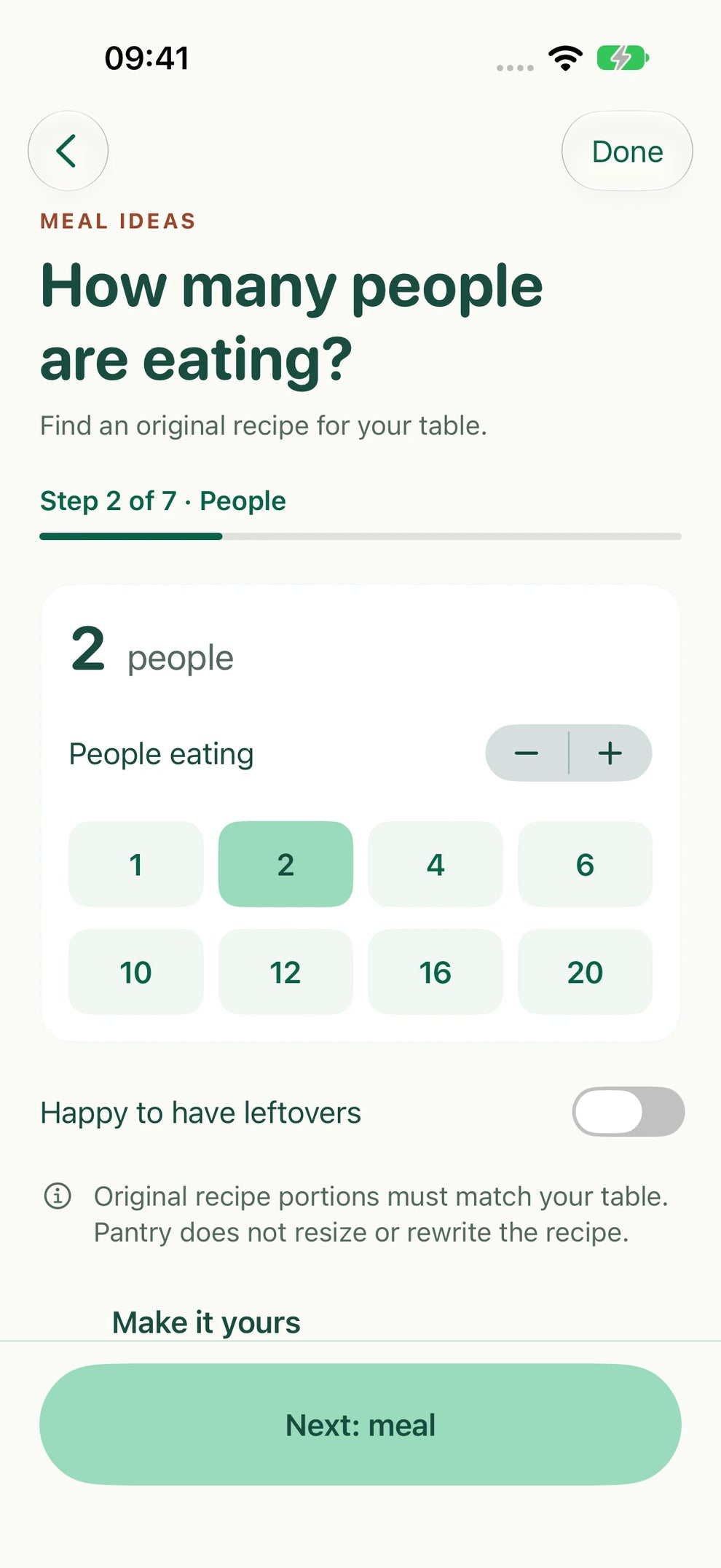 Pantry’s step-by-step meal choices showing two people selected and a separate leftovers choice.