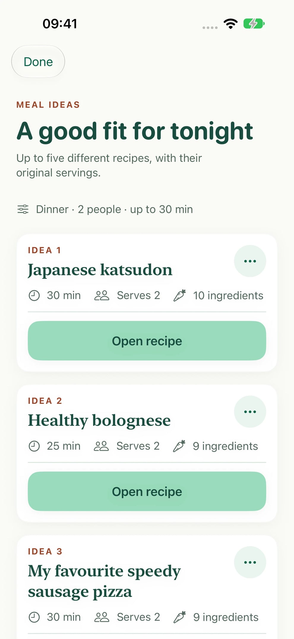 Pantry’s recipe choices with stock coverage and controls to open a recipe.