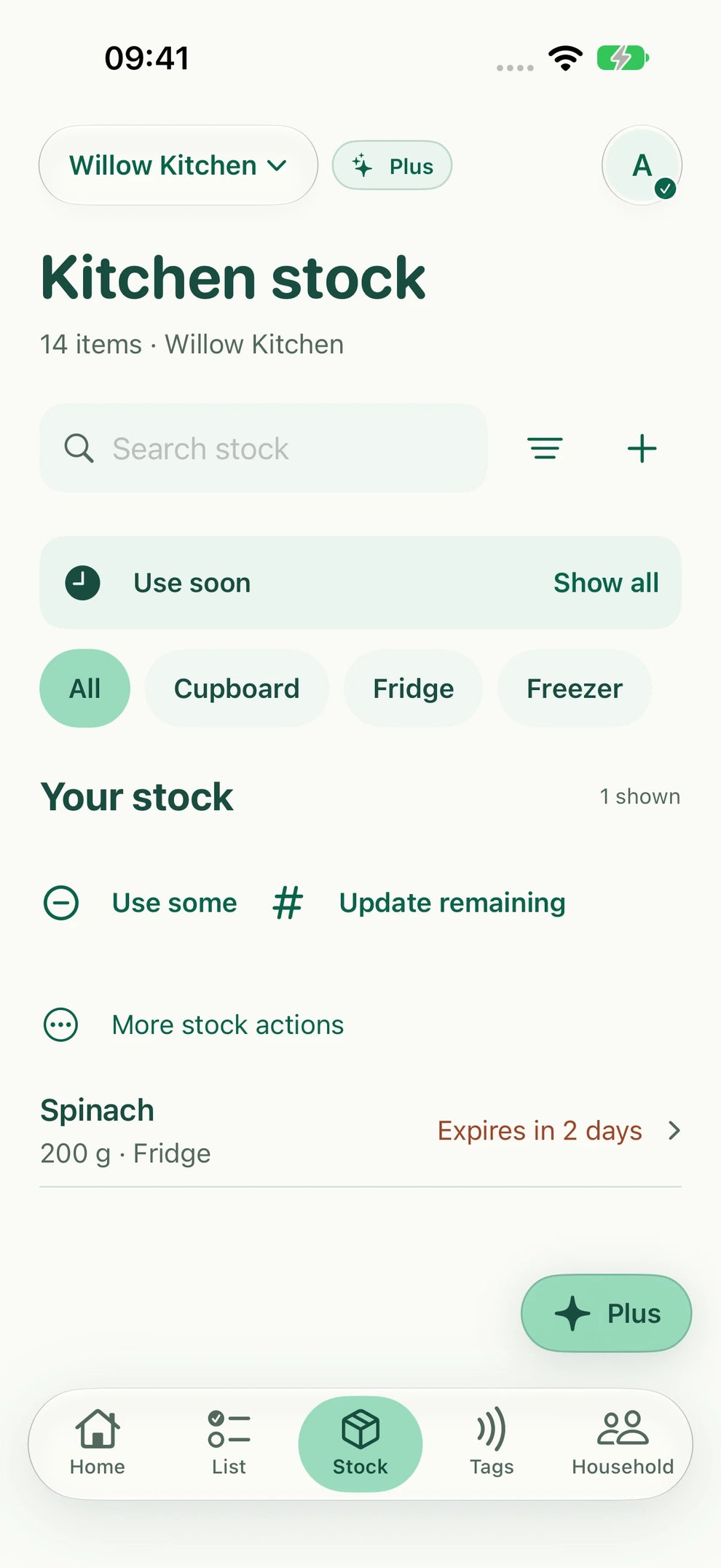 Pantry’s Use soon stock filter showing spinach and its recorded date.